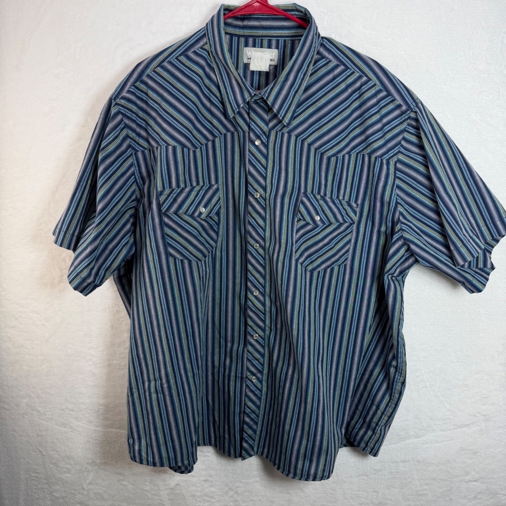 Wrangler Wrancher 3X Mens Blue Striped Short Sleeve Pearl Snap Shirt